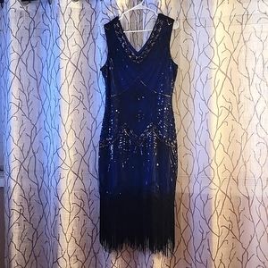 20's Flapper Dress Fringe Royal Blue and Black